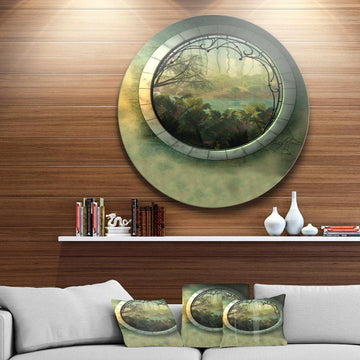 Green Fantasy Landscape with Frame - Landscape Photography Round Metal Wall Art